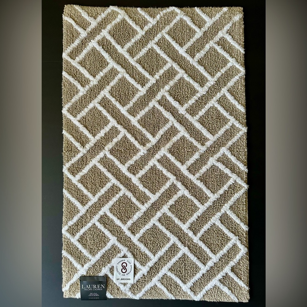 🎁Ralph Lauren Bath Rug - Skid Resistant- Cotton - 21” x 34”- Taupe & White